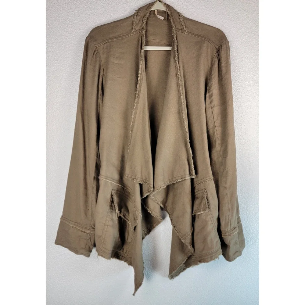 Free People Drape Front Raw Edge Linen Jacket Olive Taupe Large Boho